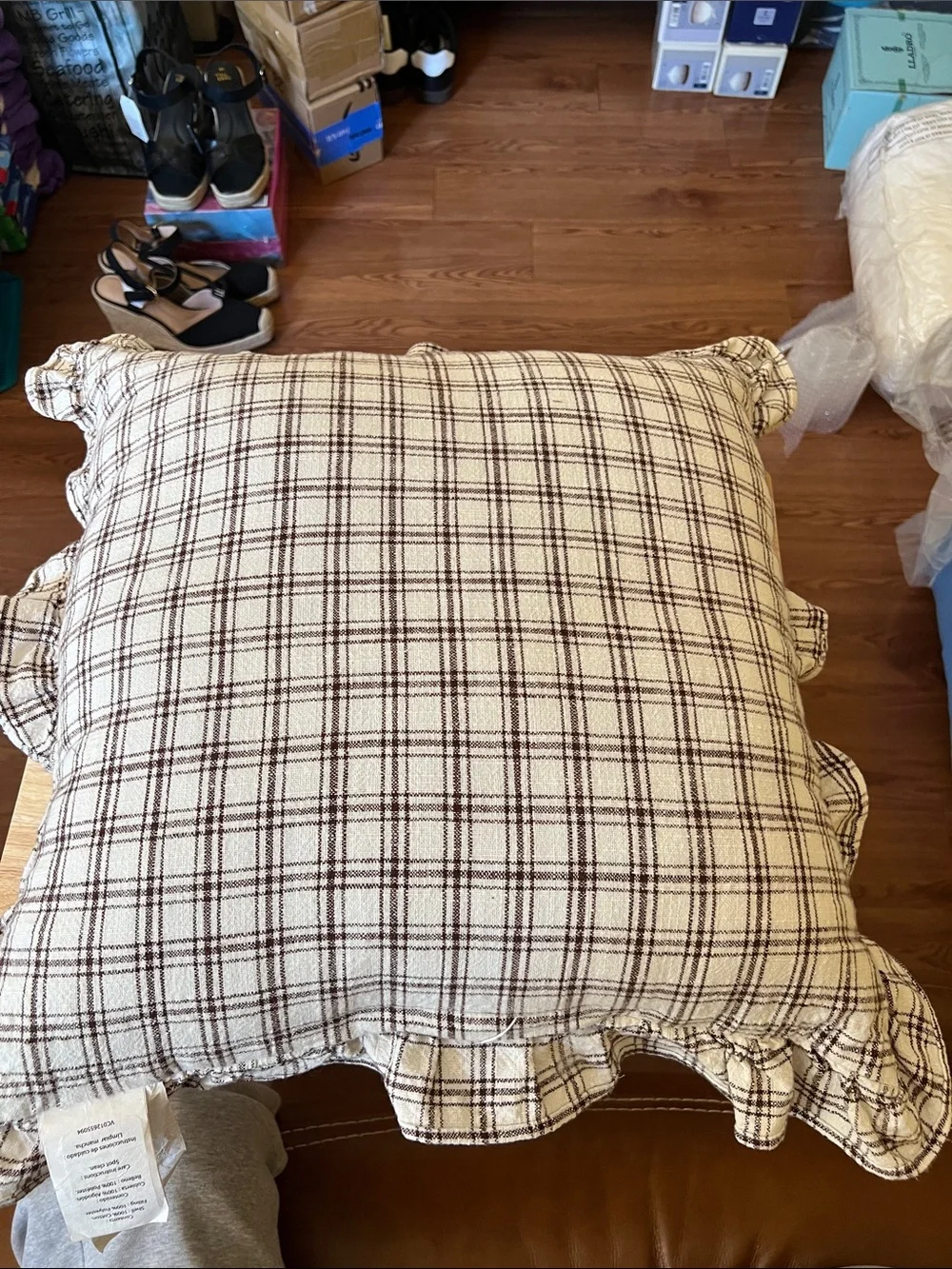 Plaid Ruffle Accent Pillow in Cream and Brown